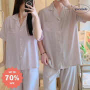 ID1544 【夏用】おそろい カップルパジャマ コットンレーヨン 半袖＆ロングパンツ 韓国トレンド ゆったりシンプル 接触冷感 洗濯機OK 2点セット カップル>セットアップ