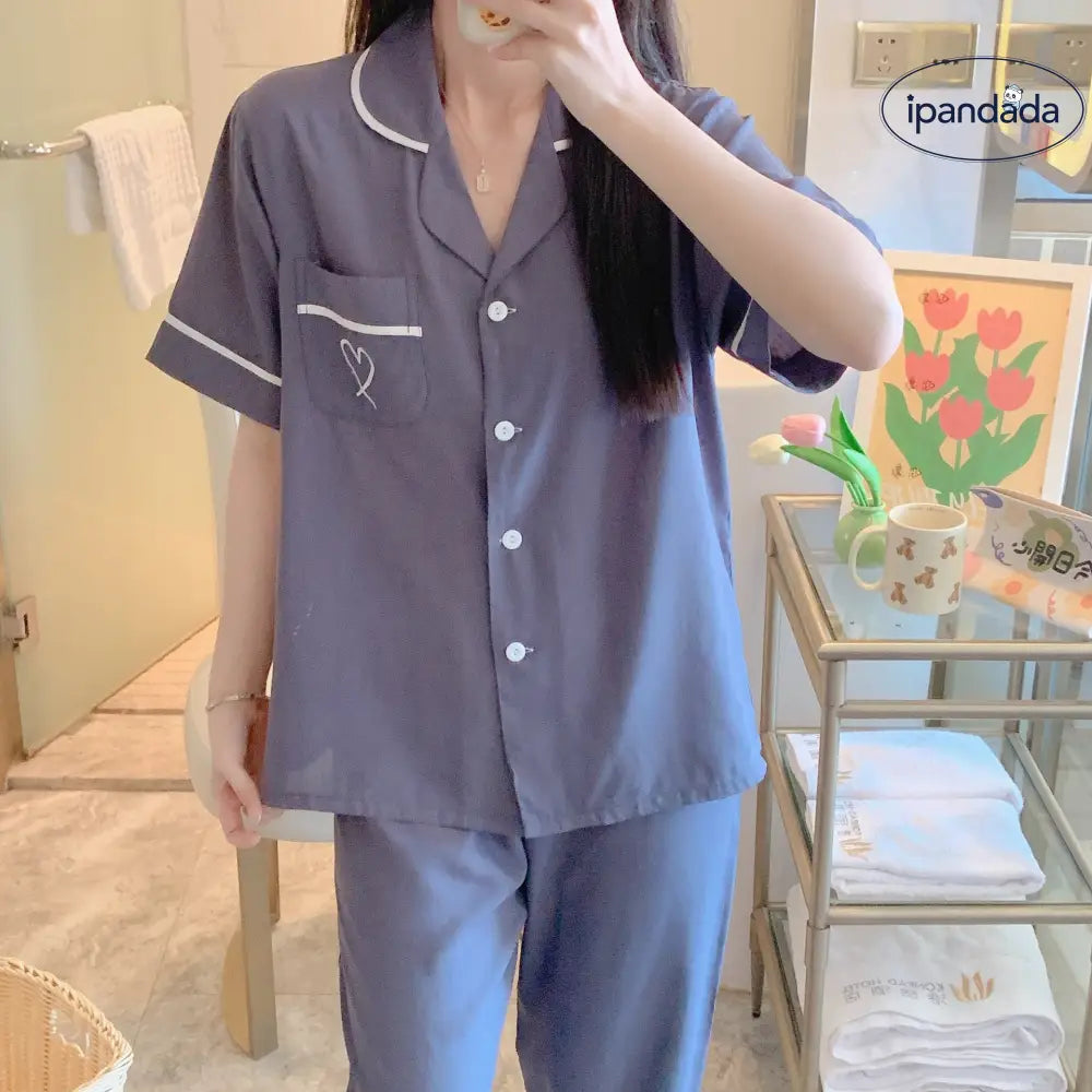 ID1544 【夏用】おそろい カップルパジャマ コットンレーヨン 半袖＆ロングパンツ 韓国トレンド ゆったりシンプル 接触冷感 洗濯機OK 2点セット