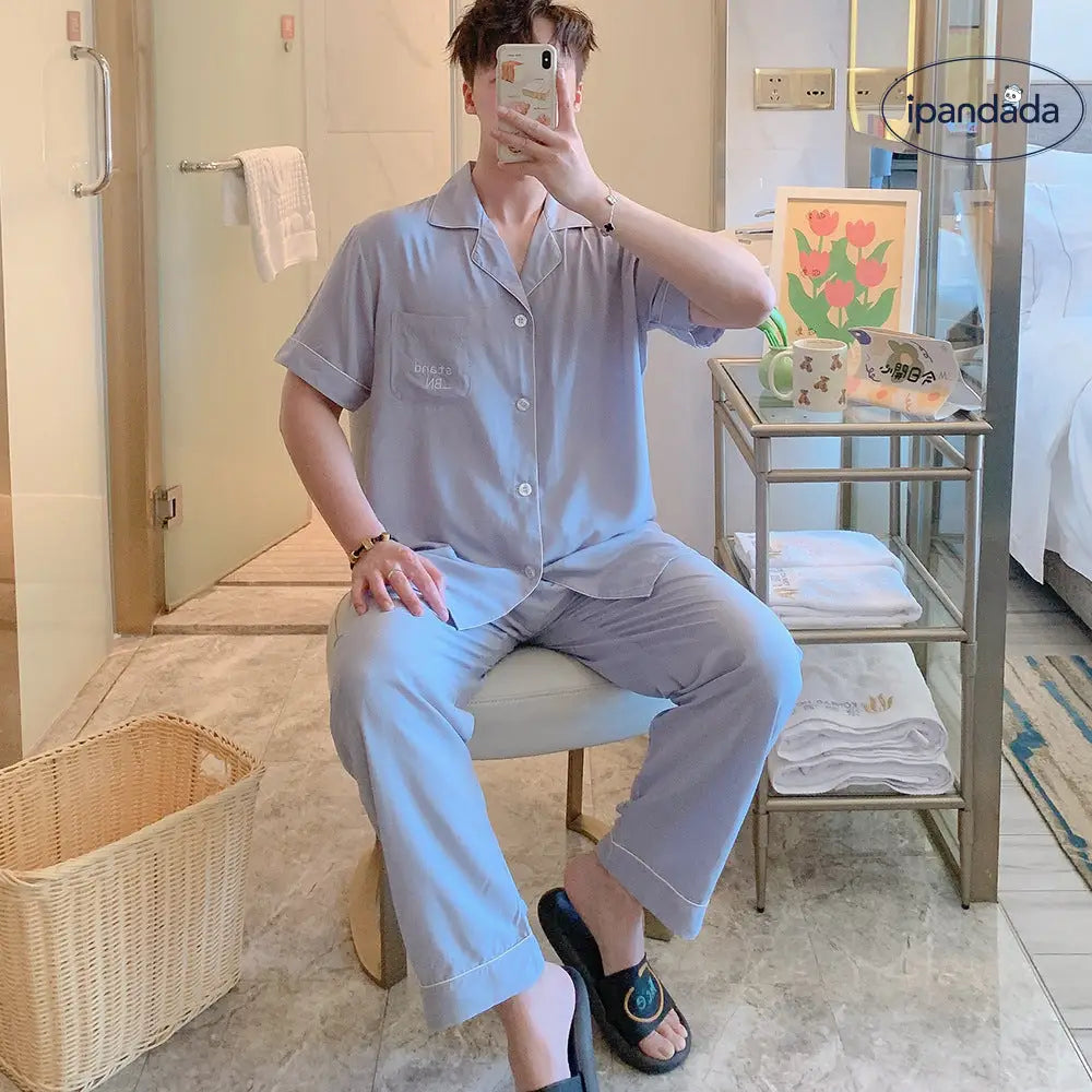 ID1544 【夏用】おそろい カップルパジャマ コットンレーヨン 半袖＆ロングパンツ 韓国トレンド ゆったりシンプル 接触冷感 洗濯機OK 2点セット