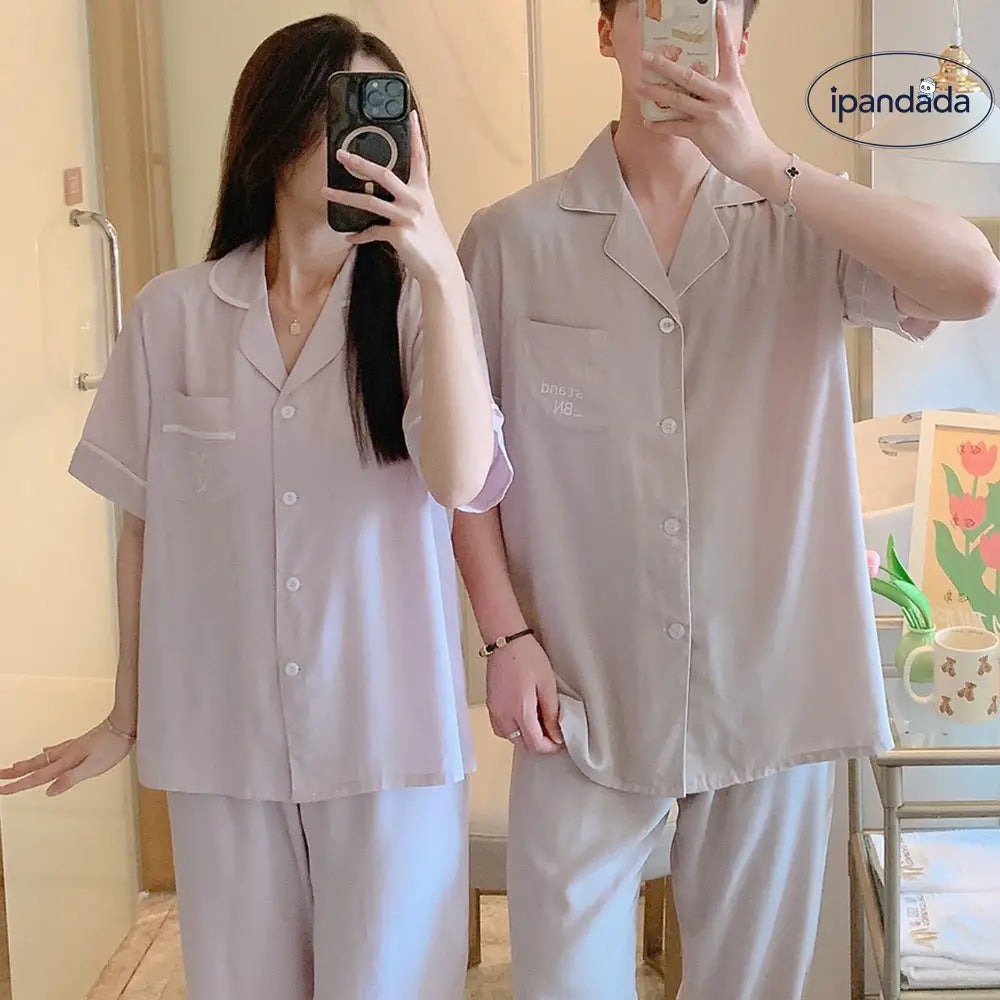 ID1544 【夏用】おそろい カップルパジャマ コットンレーヨン 半袖＆ロングパンツ 韓国トレンド ゆったりシンプル 接触冷感 洗濯機OK 2点セット タイプ① / レディースL カップル>セットアップ