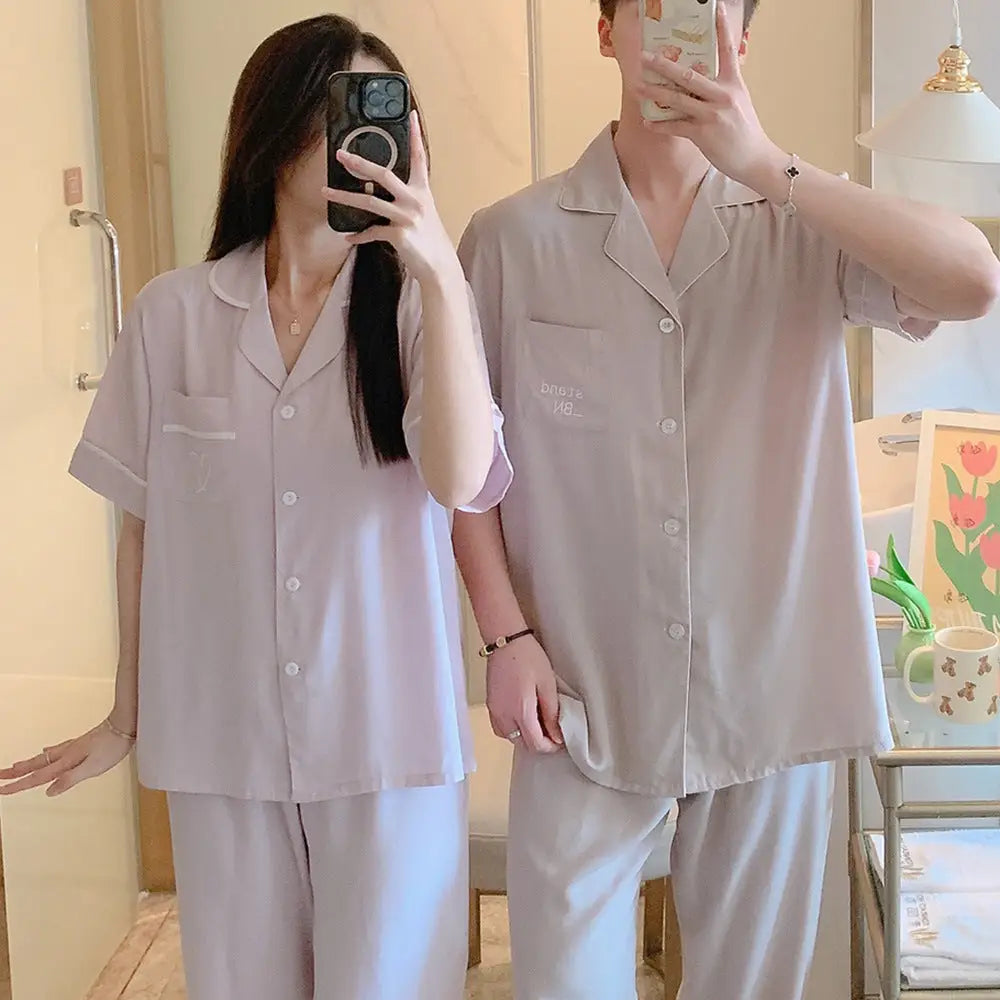 ID1544 【夏用】おそろい カップルパジャマ コットンレーヨン 半袖＆ロングパンツ 韓国トレンド ゆったりシンプル 接触冷感 洗濯機OK 2点セット タイプ① / レディースL カップル>セットアップ