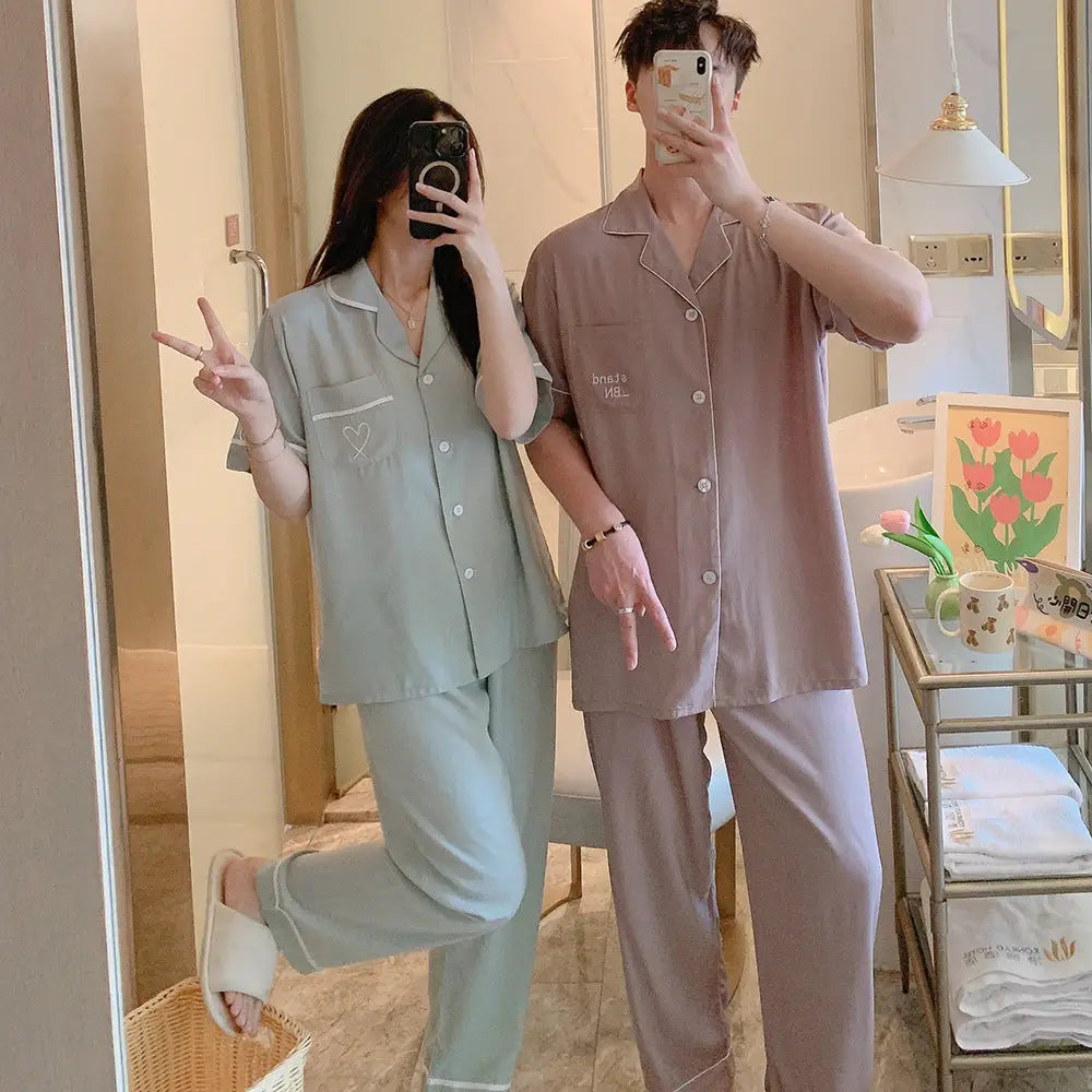 ID1544 【夏用】おそろい カップルパジャマ コットンレーヨン 半袖＆ロングパンツ 韓国トレンド ゆったりシンプル 接触冷感 洗濯機OK 2点セット タイプ④ / レディースL カップル>セットアップ