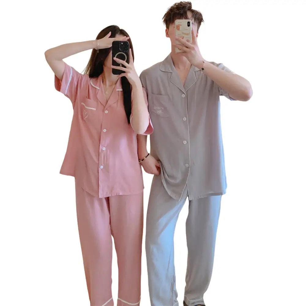 ID1544 【夏用】おそろい カップルパジャマ コットンレーヨン 半袖＆ロングパンツ 韓国トレンド ゆったりシンプル 接触冷感 洗濯機OK 2点セット タイプ⑤ / レディースL カップル>セットアップ