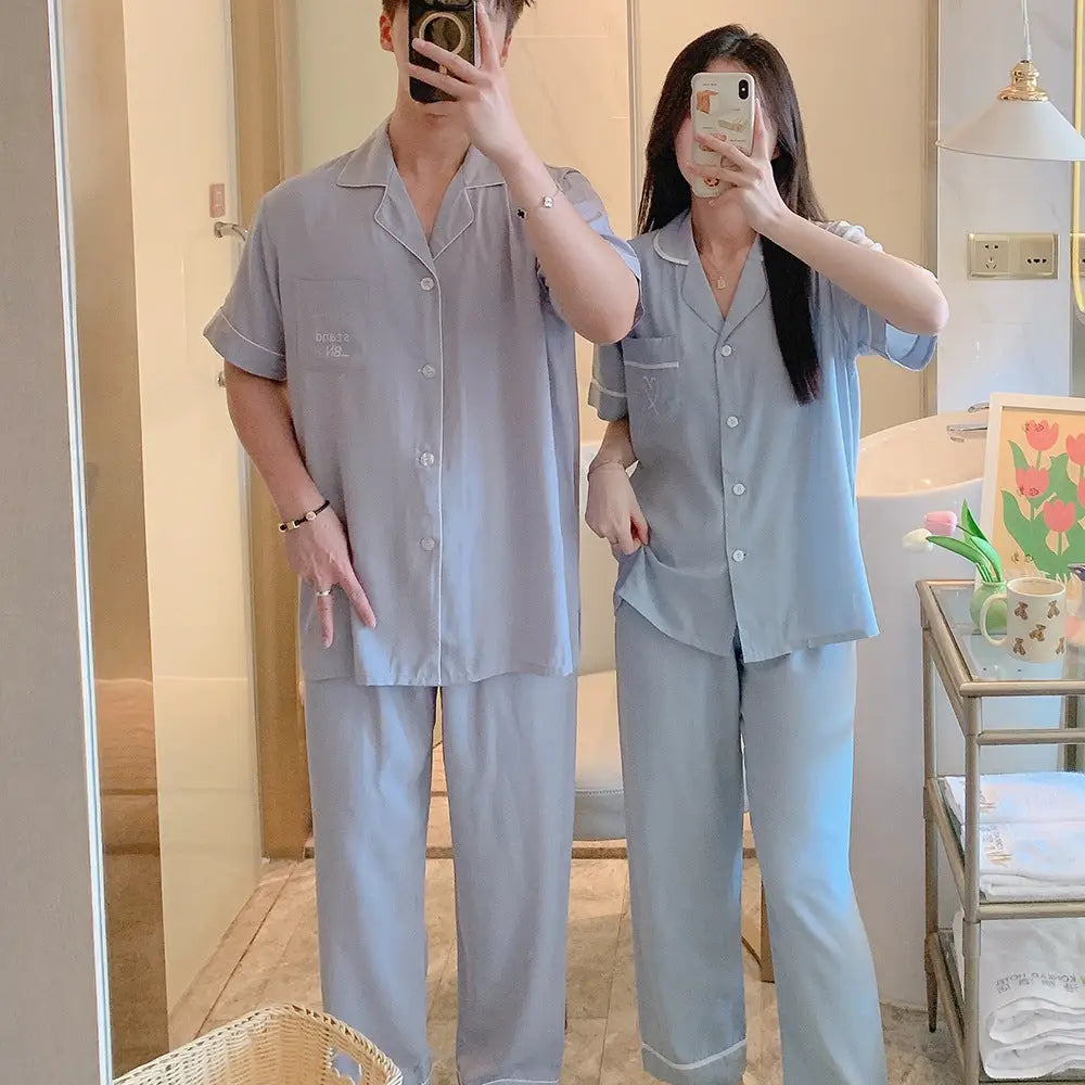 ID1544 【夏用】おそろい カップルパジャマ コットンレーヨン 半袖＆ロングパンツ 韓国トレンド ゆったりシンプル 接触冷感 洗濯機OK 2点セット タイプ③ / レディースL カップル>セットアップ