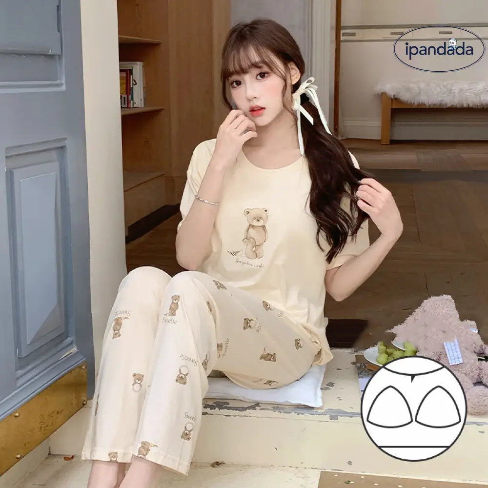 ID1366 夏用 パッド付き パジャマセット レディース アイスシルク 半袖トップ＆ロングパンツ 肌触り滑らか 涼感 快適 ルームウェア アプリコット / M レディース＞セットアップ