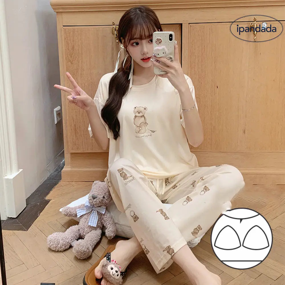 ID1366 夏用 パッド付き パジャマセット レディース アイスシルク 半袖トップ＆ロングパンツ 肌触り滑らか 涼感 快適 ルームウェア