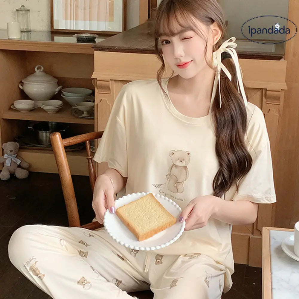 ID1366 夏用 パッド付き パジャマセット レディース アイスシルク 半袖トップ＆ロングパンツ 肌触り滑らか 涼感 快適 ルームウェア