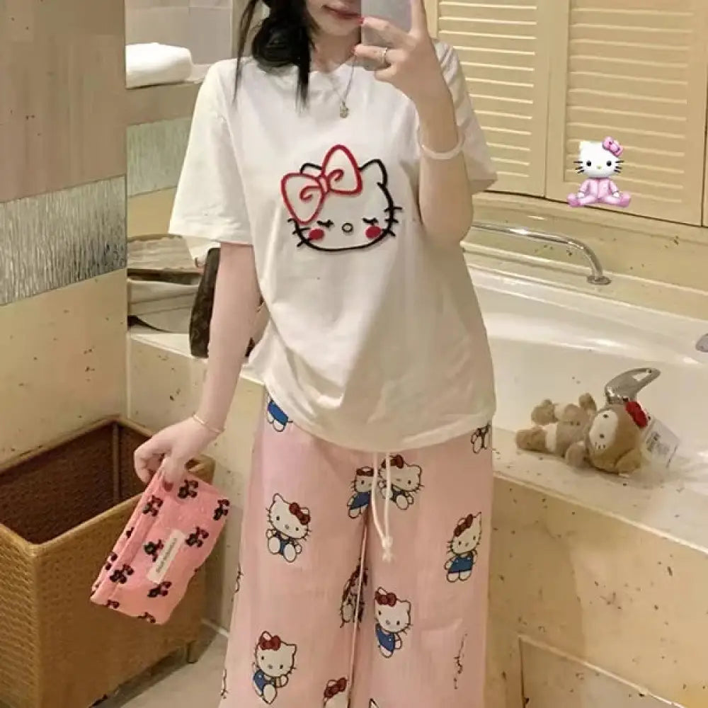 夏用 パジャマ 女性用 半袖 ロングパンツ カートゥーン ルームウェア 学生 ID4654 - ホワイト / M