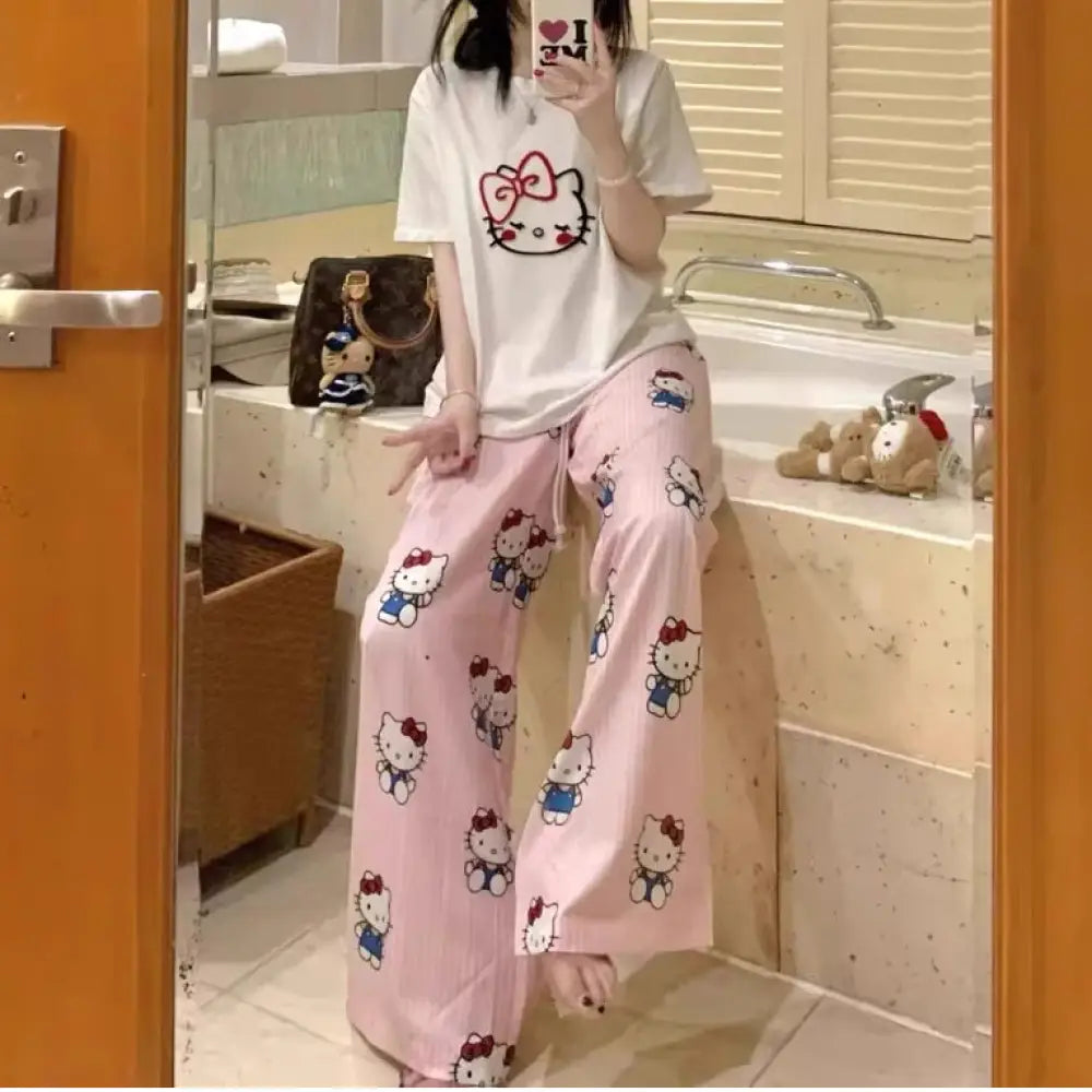 夏用 パジャマ 女性用 半袖 ロングパンツ カートゥーン ルームウェア 学生 ID4654