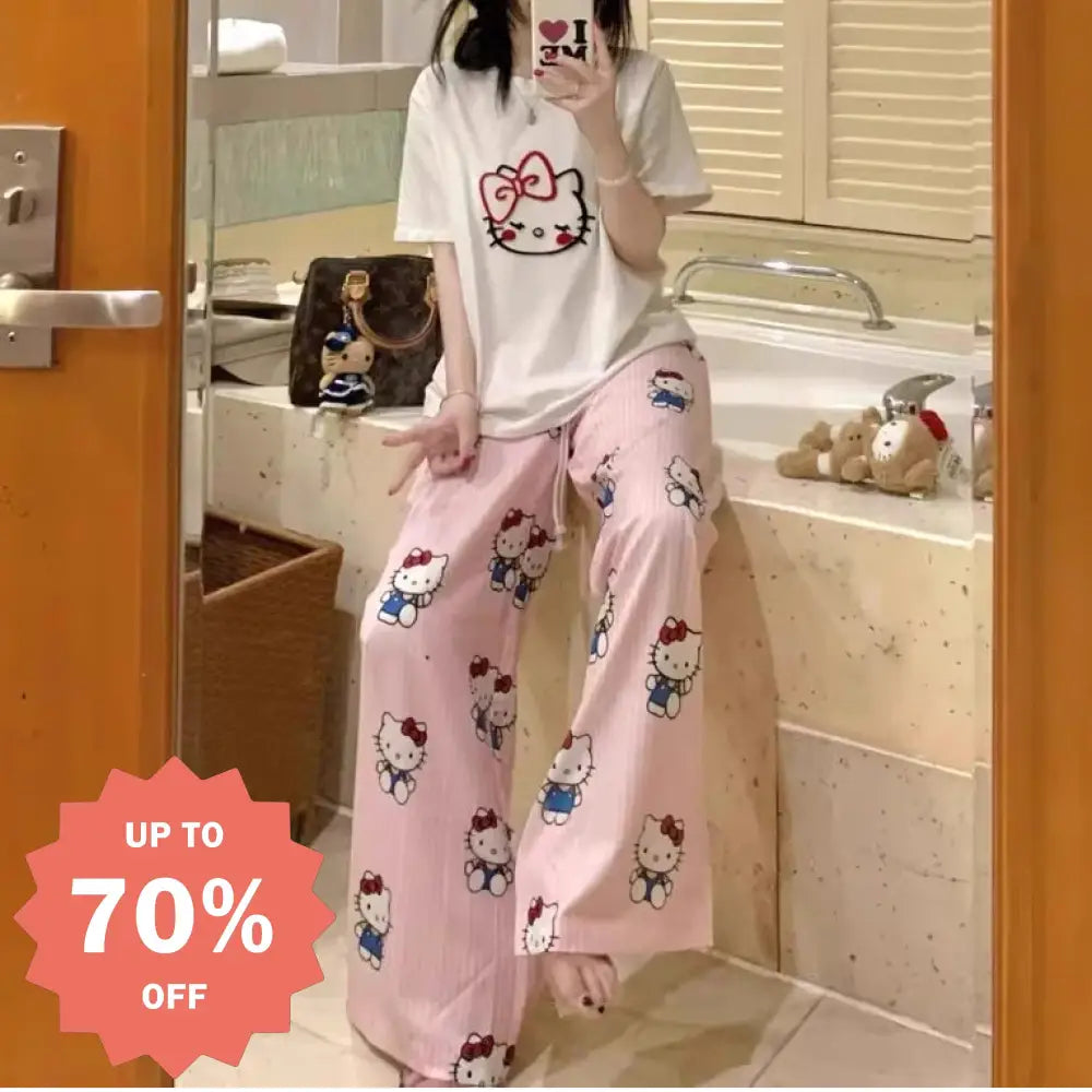 夏用 パジャマ 女性用 半袖 ロングパンツ カートゥーン ルームウェア 学生 ID4654