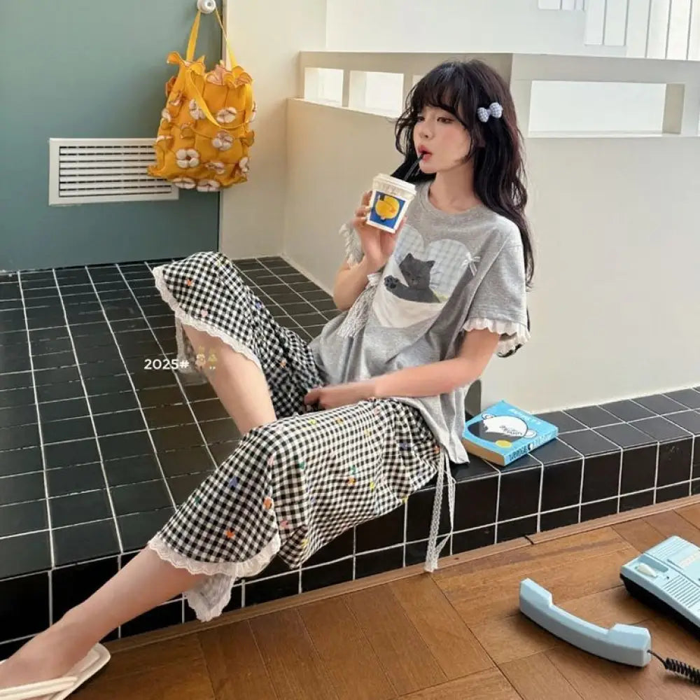 ID1628 夏用 パジャマ 女性用 猫柄 チェック ハート 半袖 七分パンツ ワイドレッグ 薄手 日本風 かわいい 部屋着 セットアップ