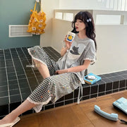 ID1628 夏用 パジャマ 女性用 猫柄 チェック ハート 半袖 七分パンツ ワイドレッグ 薄手 日本風 かわいい 部屋着 セットアップ