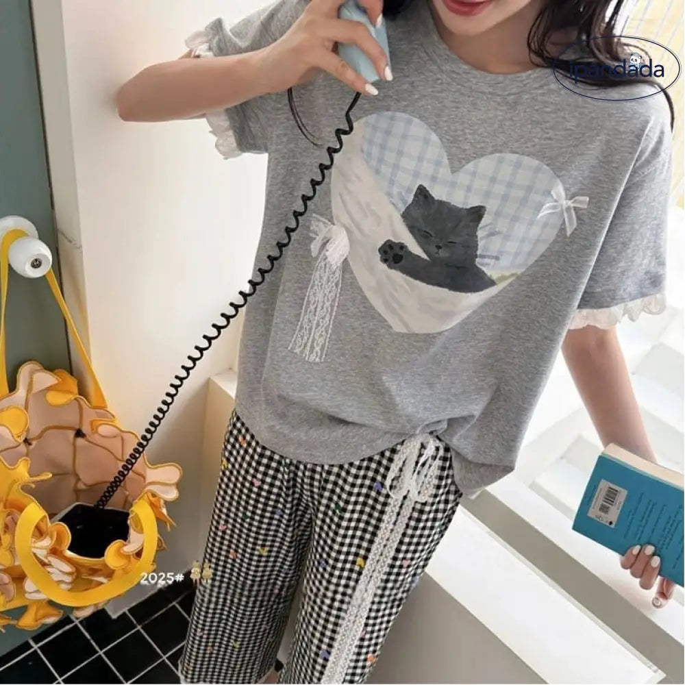 ID1628 夏用 パジャマ 女性用 猫柄 チェック ハート 半袖 七分パンツ ワイドレッグ 薄手 日本風 かわいい 部屋着 セットアップ