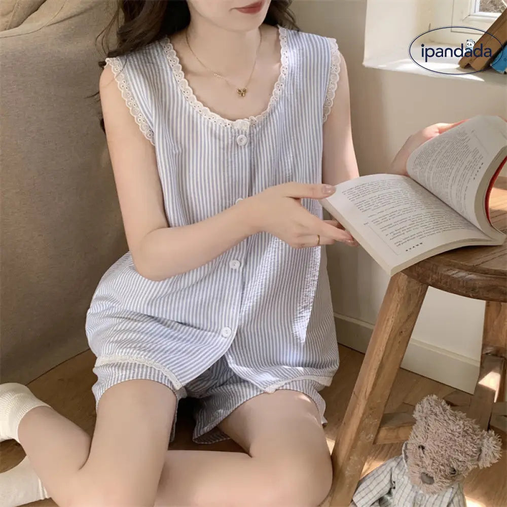 ID1273 夏用 ペティート ストラップ 胸パッド付き フリル縁 ショートパンツ セット クラウドコットン 薄手 涼感 抗菌 通気性抜群 おしゃれ かわいい ホーム＆外出用 レディース＞セットアップ