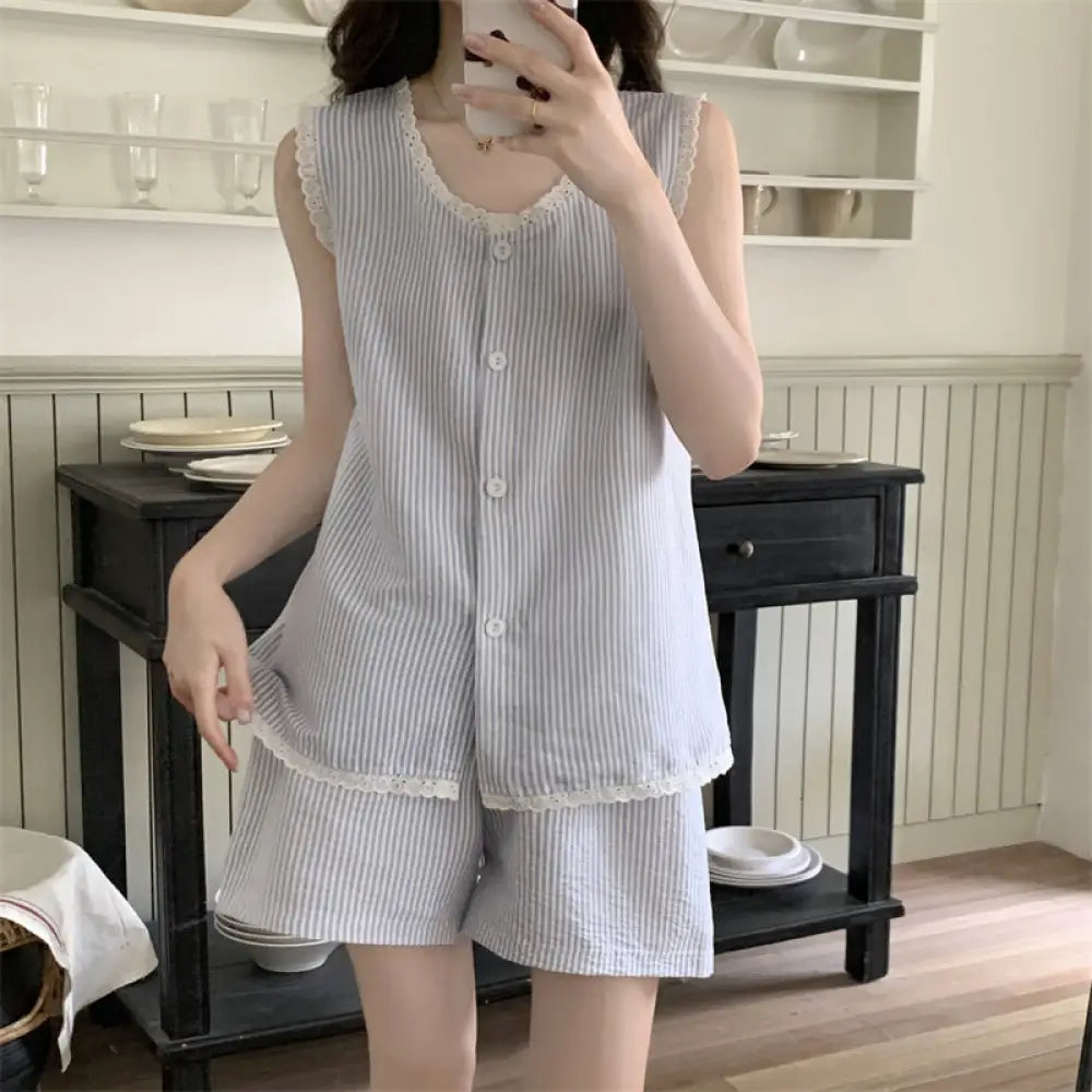 ID1273 夏用 ペティート ストラップ 胸パッド付き フリル縁 ショートパンツ セット クラウドコットン 薄手 涼感 抗菌 通気性抜群 おしゃれ かわいい ホーム＆外出用 レディース＞セットアップ