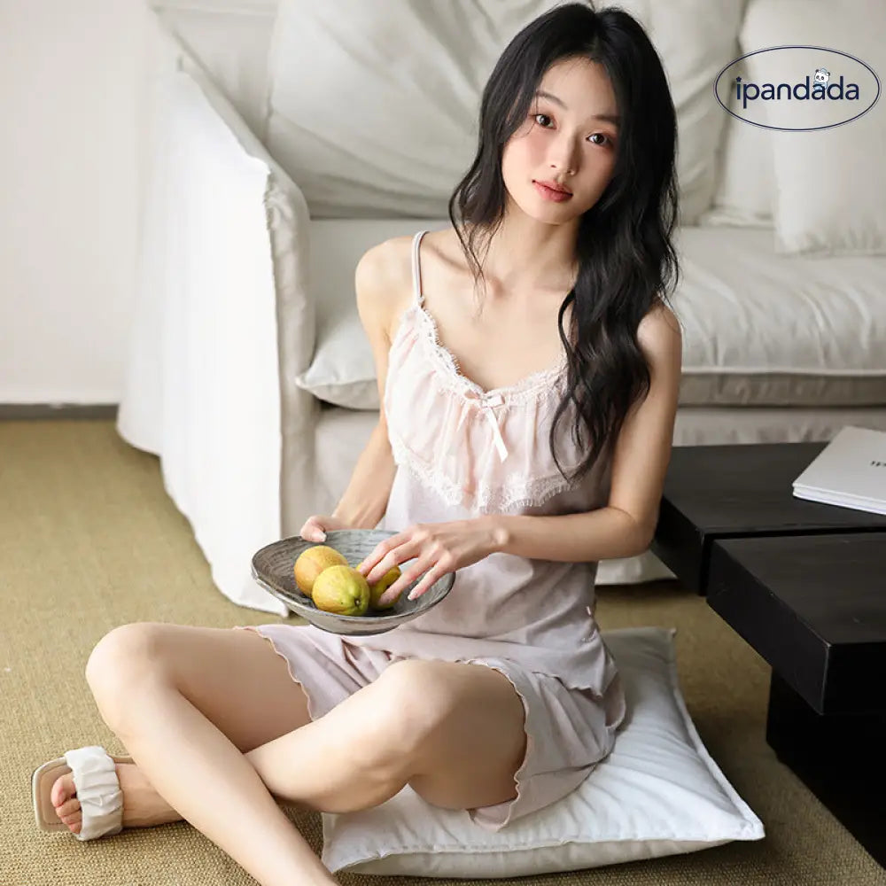 ID1256 夏用 清楚系 レース モダール×レーヨン 胸パッド付き ストラップ＆ショートパンツ セット 薄手 涼感 抗菌 通気性抜群 おしゃれ 洗濯OK