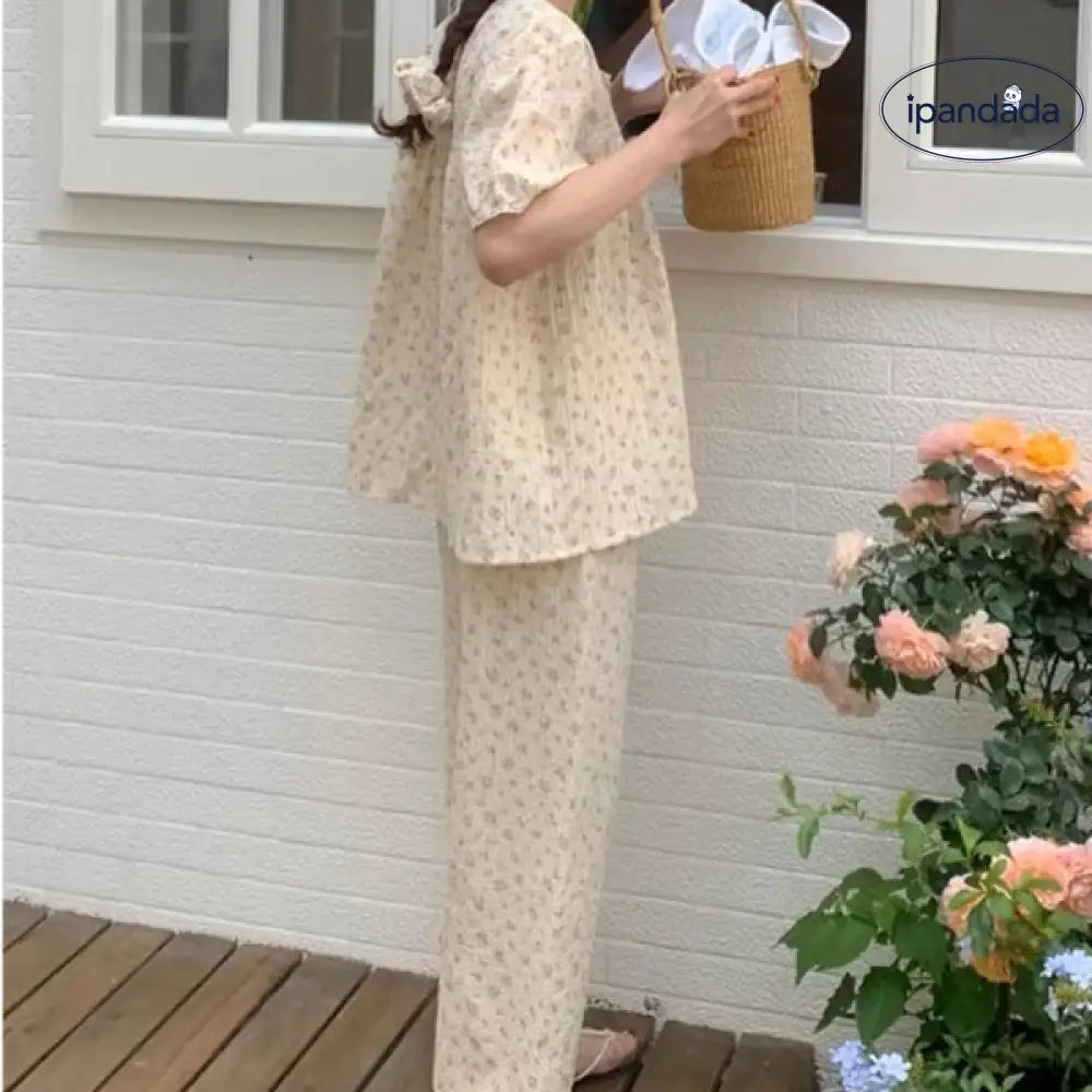 ID1444 夏用 レディース 綿 半袖 長パンツ パジャマセット 田園風 かわいい 小花柄 レーストリム リラックス ルームウェア 学生用