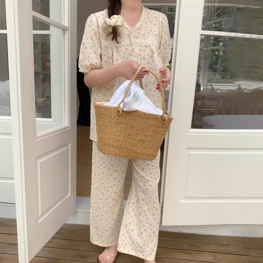 ID1444 夏用 レディース 綿 半袖 長パンツ パジャマセット 田園風 かわいい 小花柄 レーストリム リラックス ルームウェア 学生用 レディース>セットアップ