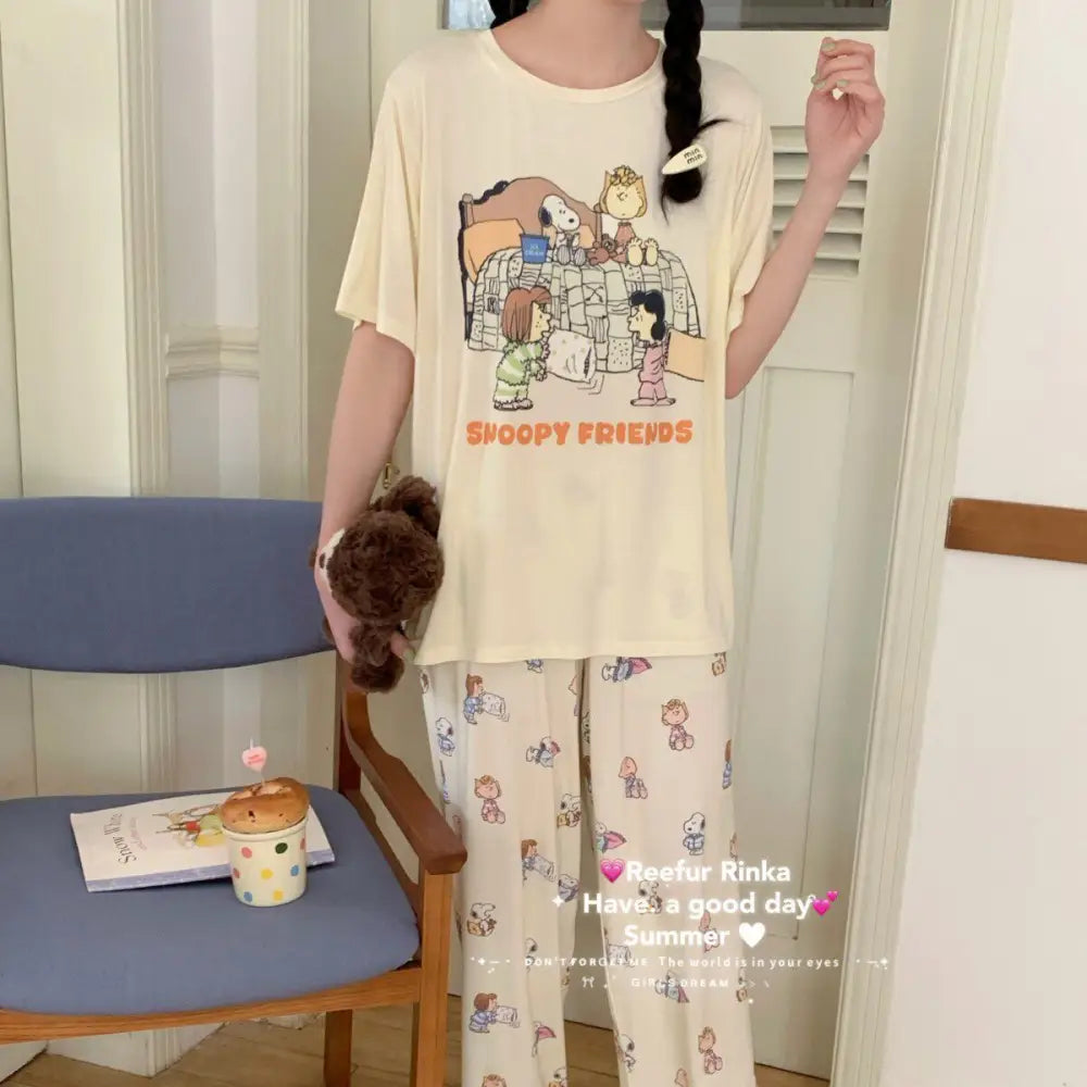 夏用 新作 半袖 パジャマ 部屋着 スヌーピー ロングパンツ レディース かわいい 上下セット 学生 大人用 ルームウェア 可愛い ID4799 - ベージュ / M - レディース＞セットアップ