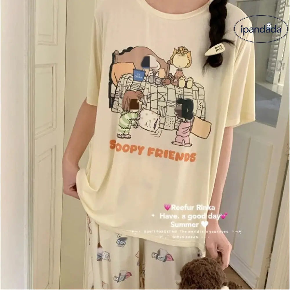 夏用 新作 半袖 パジャマ 部屋着 スヌーピー ロングパンツ レディース かわいい 上下セット 学生 大人用 ルームウェア 可愛い ID4799 - レディース＞セットアップ