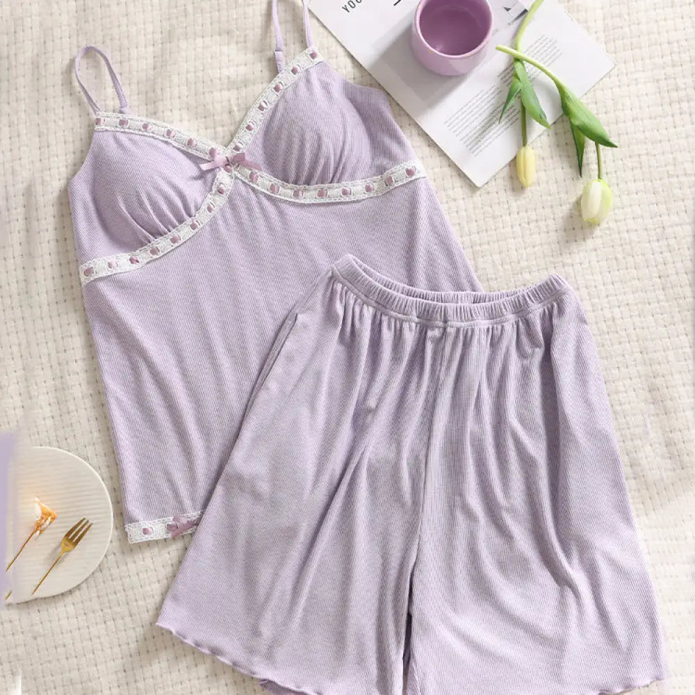 ID1234 夏用 新作 モダール カラーローン リブ編み 女性用 胸パッド付き ストラップトップ ショートパンツ パジャマセット 薄手 涼感 吸汗速乾 通気性抜群 抗菌 軽量 ホーム＆外出用 おしゃれ かわいい シンプル リラックス