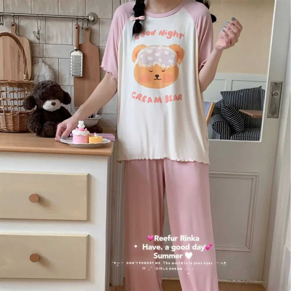 夏用 新作 パジャマセット レディース 半袖 ロングパンツ ラウンドネック プリント キャラクター ルームウェア ID4794 - ピンク / M