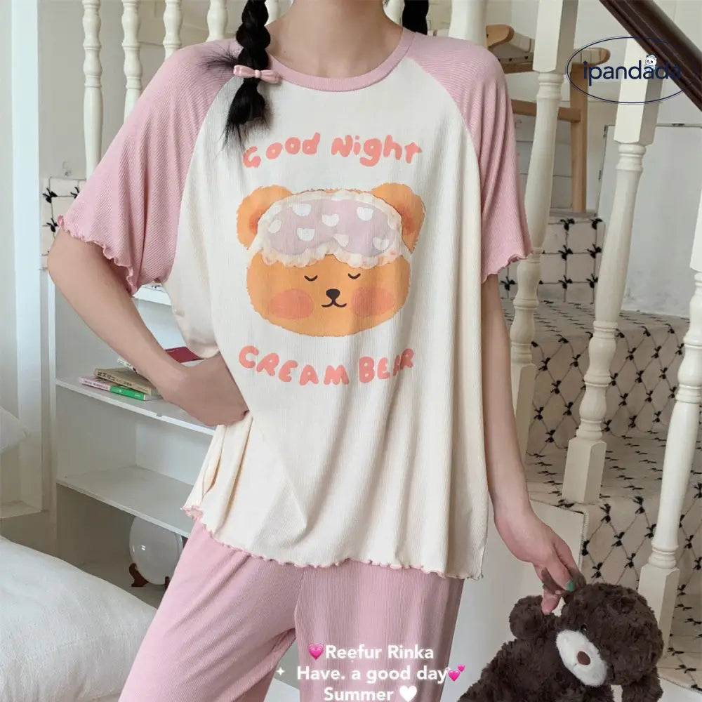 夏用 新作 パジャマセット レディース 半袖 ロングパンツ ラウンドネック プリント キャラクター ルームウェア ID4794