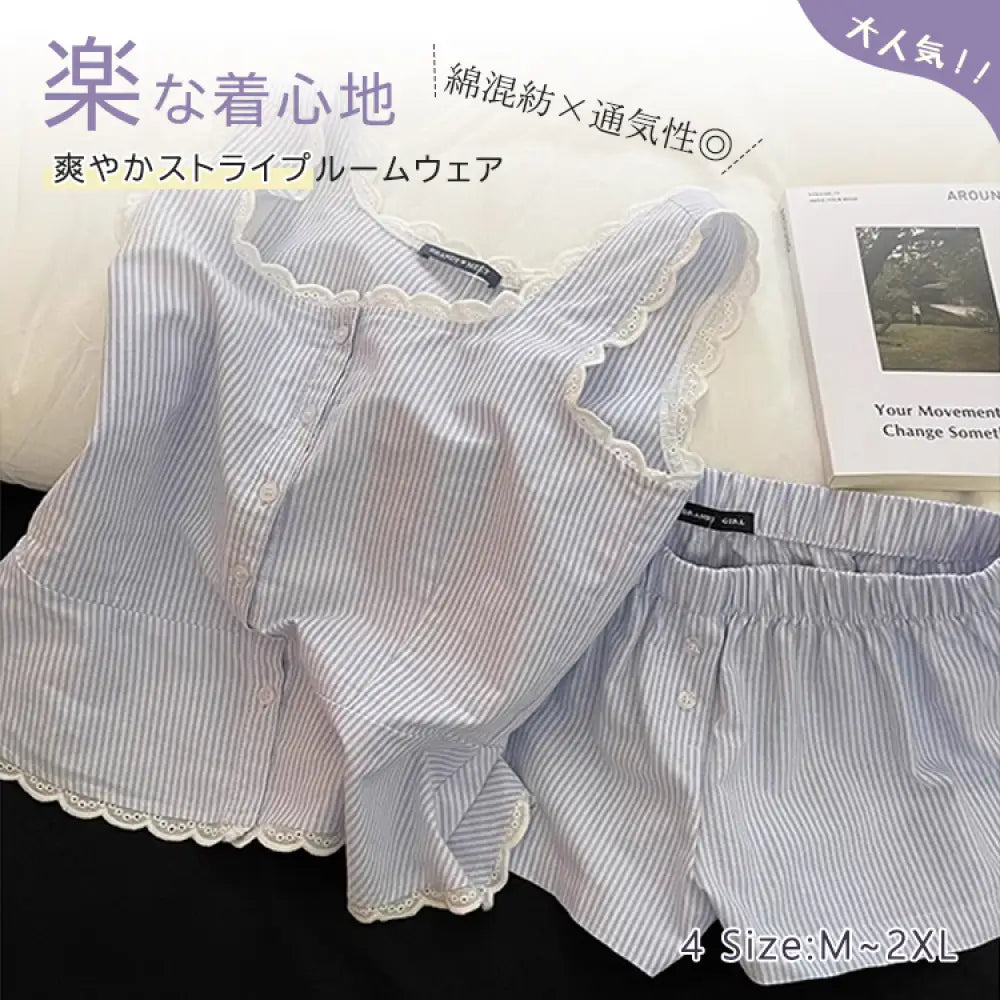 限定販売！ストライプ柄 ルームウェア レディース 上下セット キャミソール キャミソール＆ショートパンツセット 部屋着 綿混 シンプル 春 夏 ID585 レディース＞セットアップ