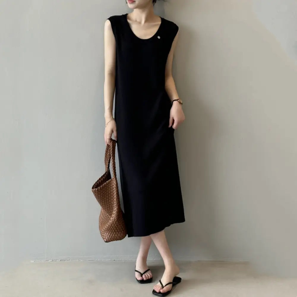 ID1131 フレンチ ストライプ 夏用 新作 ルーズフィット ニット タンクトップワンピース ノースリーブ ロングドレス ブラック / S 外出着＞ワンピース