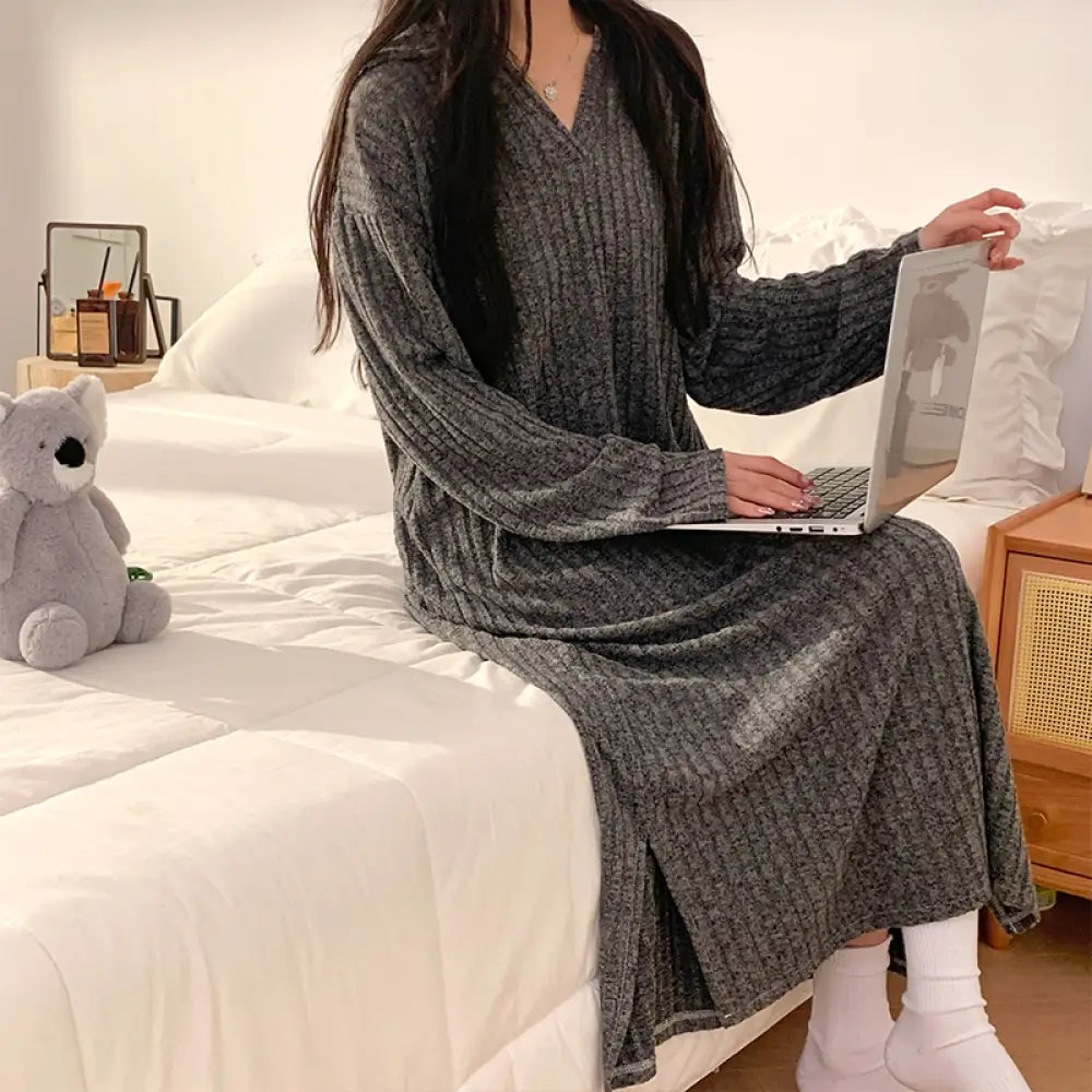 女性用 長袖 パジャマ 秋冬 新作 ニット フランネル インスタ風 ダークグレー ロングドレス ルームウェア ID2103 ダークグレー / M レディース>ワンピース