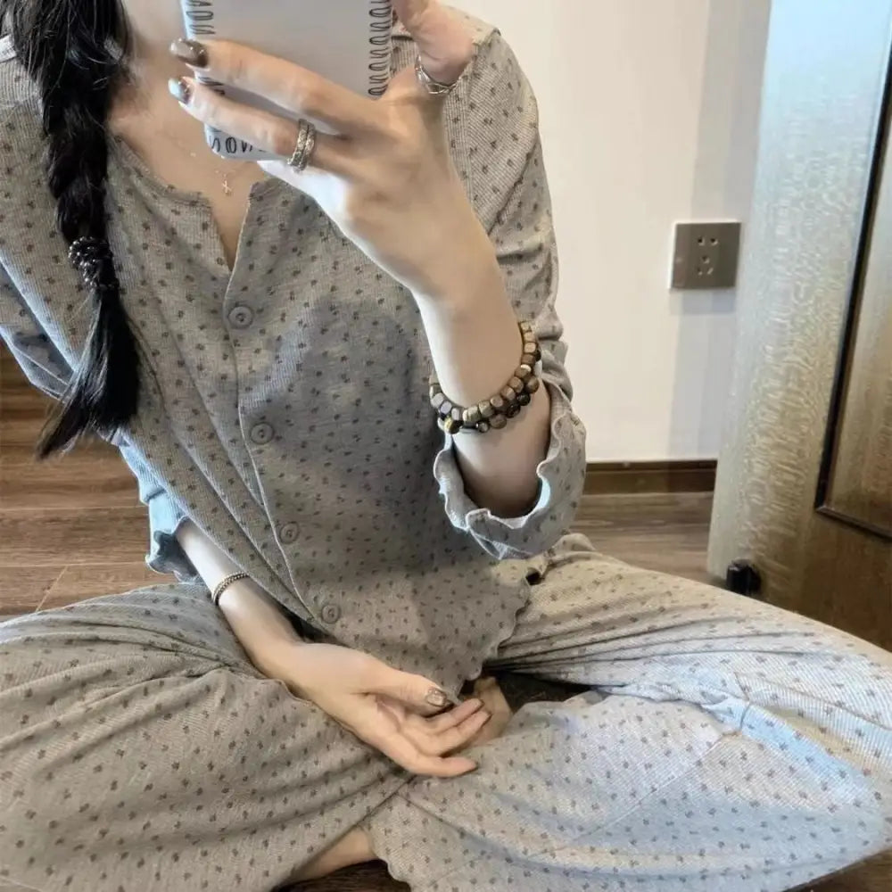 小花柄 ボタン開き パジャマ セット 長袖 長ズボン ゆったり ルームウェア 部屋着 女子 春秋 かわいい 肌触りよい 2点セット ID4054 タイプ② / M レディース＞セットアップ