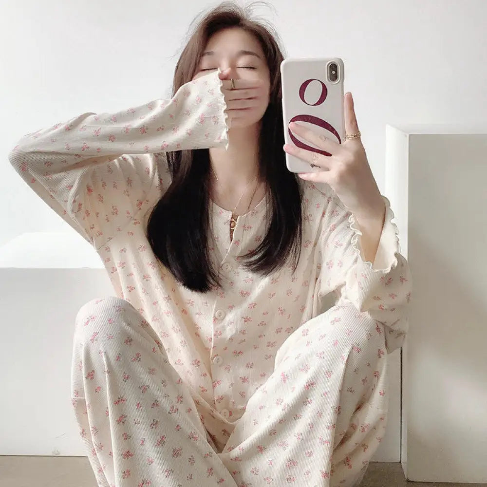 小花柄 ボタン開き パジャマ セット 長袖 長ズボン ゆったり ルームウェア 部屋着 女子 春秋 かわいい 肌触りよい 2点セット ID4054 タイプ④ / M レディース＞セットアップ