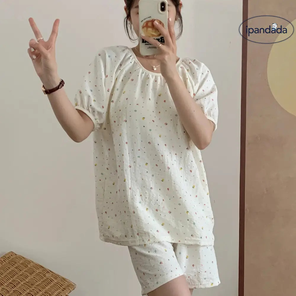 ID1440 小花柄 チュニック付き パッド入り ナイトウェア レディース 夏用 綿 半袖セットアップ 薄手 可愛い 学生用 クラウドコットン ルームウェア