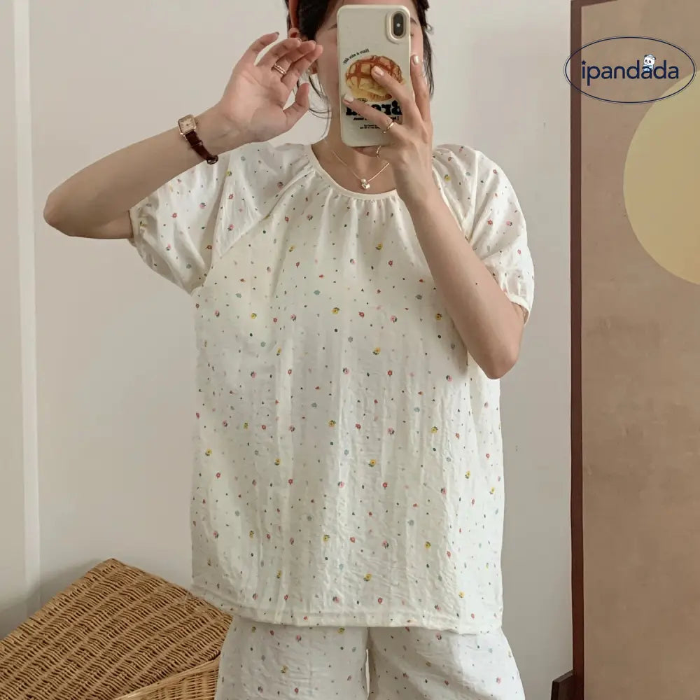 ID1440 小花柄 チュニック付き パッド入り ナイトウェア レディース 夏用 綿 半袖セットアップ 薄手 可愛い 学生用 クラウドコットン ルームウェア