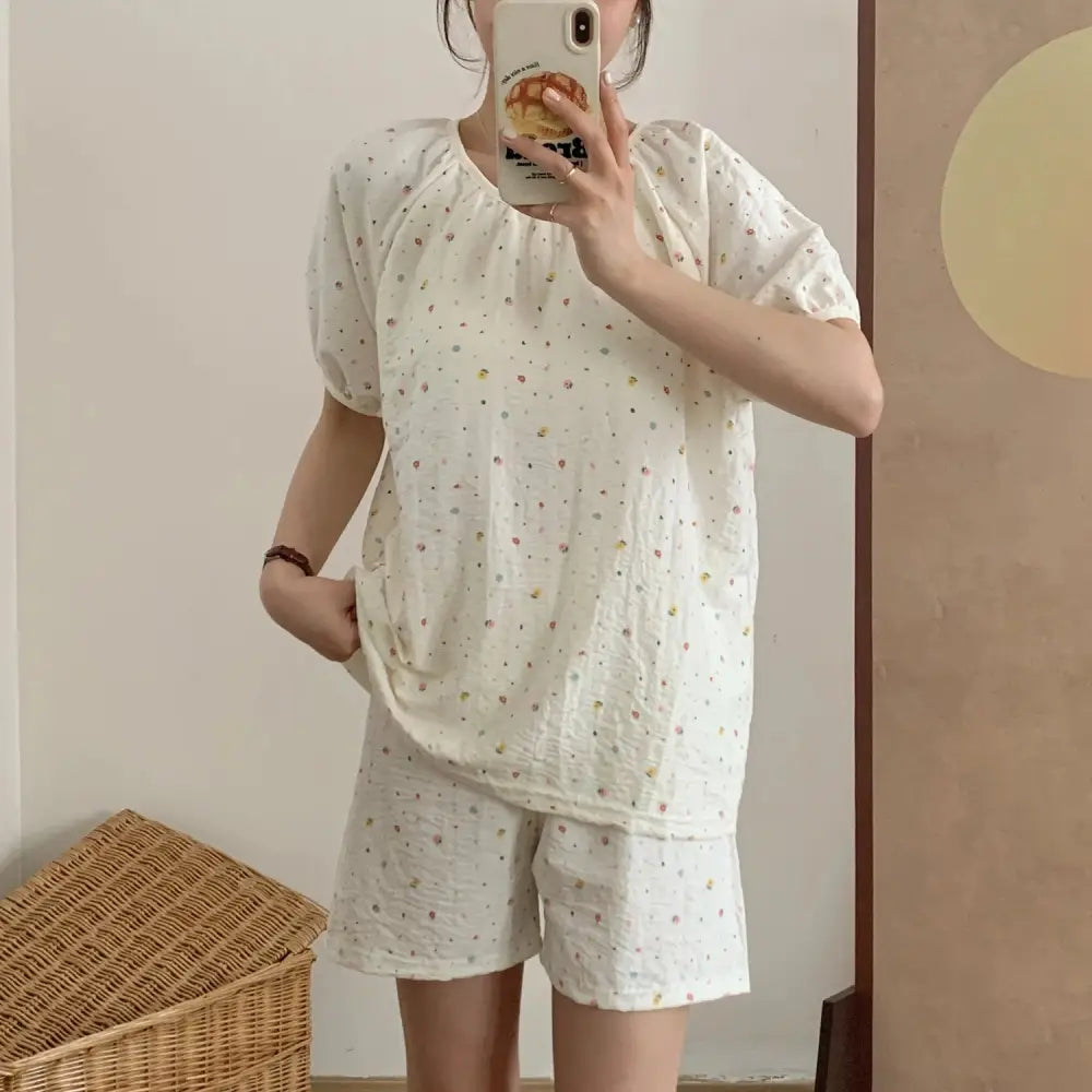 ID1440 小花柄 チュニック付き パッド入り ナイトウェア レディース 夏用 綿 半袖セットアップ 薄手 可愛い 学生用 クラウドコットン ルームウェア
