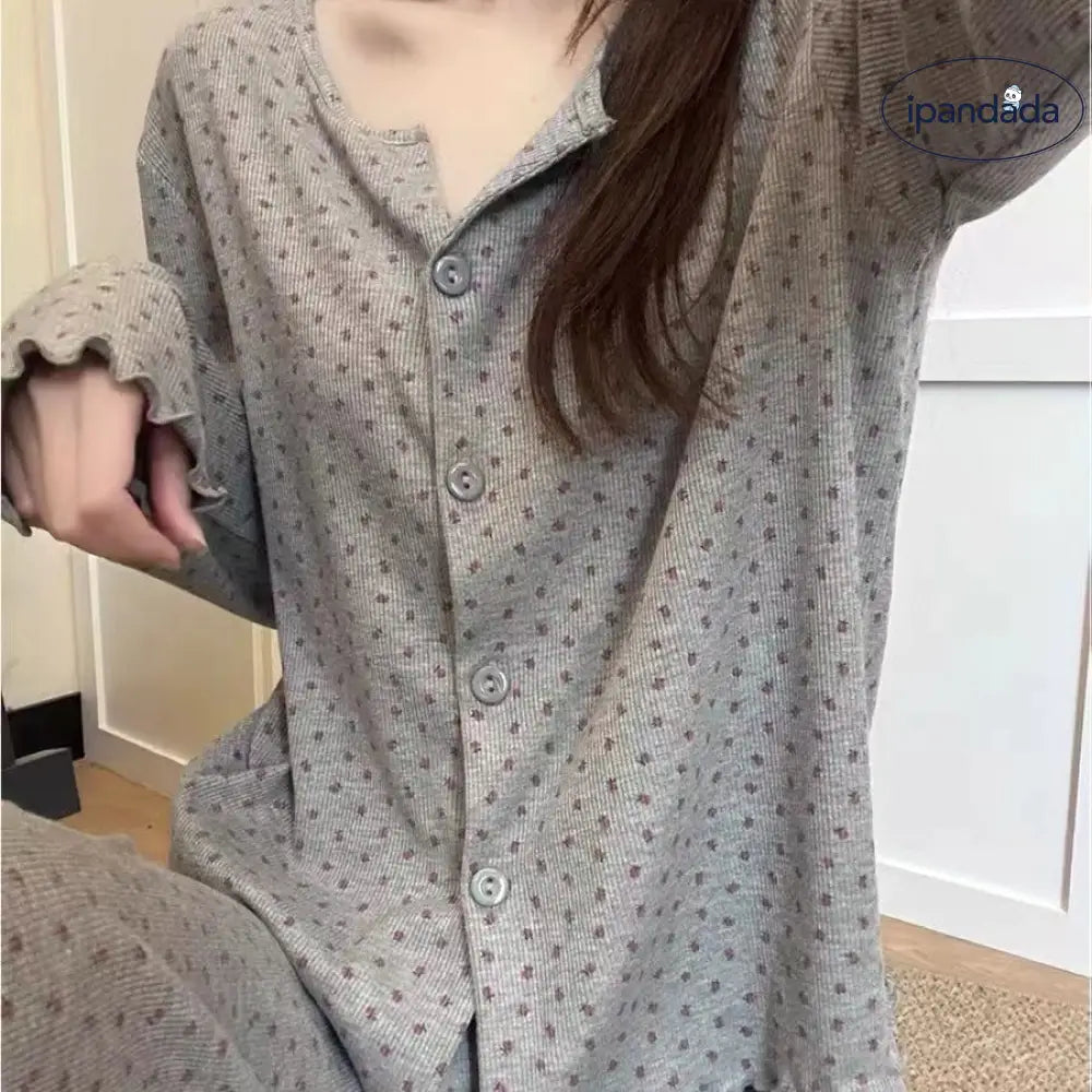 小花柄 パジャマセット 長袖トップス＆ロングパンツ 韓国風 上品 シンプル 夏秋 家居着 女性用 M～2XLサイズ ID1887 グレー / M レディース>セットアップ