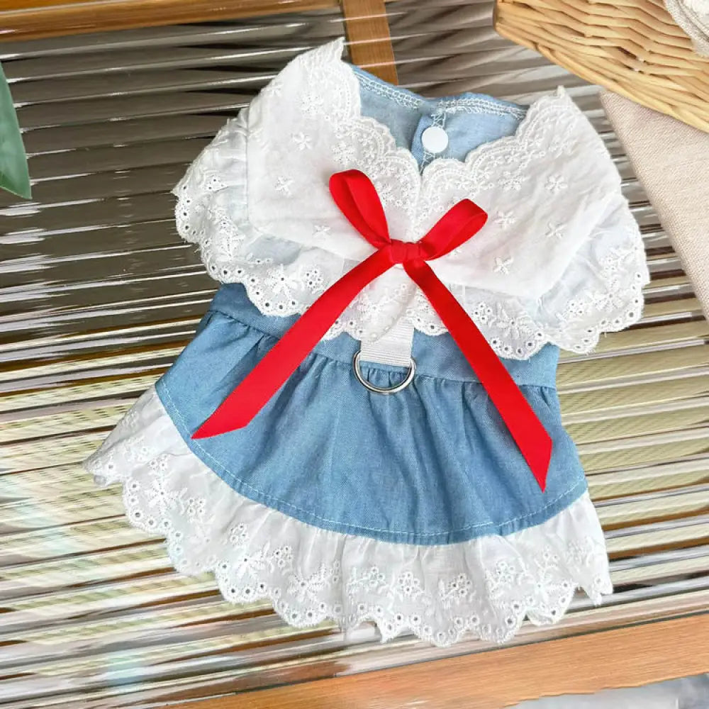 ID1177 小型犬 春夏物 ペットドレス ビションフリーゼ プリンセス レース デニムミックス リボンデコ キュート 洗える フリーサイズ 0.5-12.5kg対応 ペットウェディング お出かけ対応 写真通り / XS