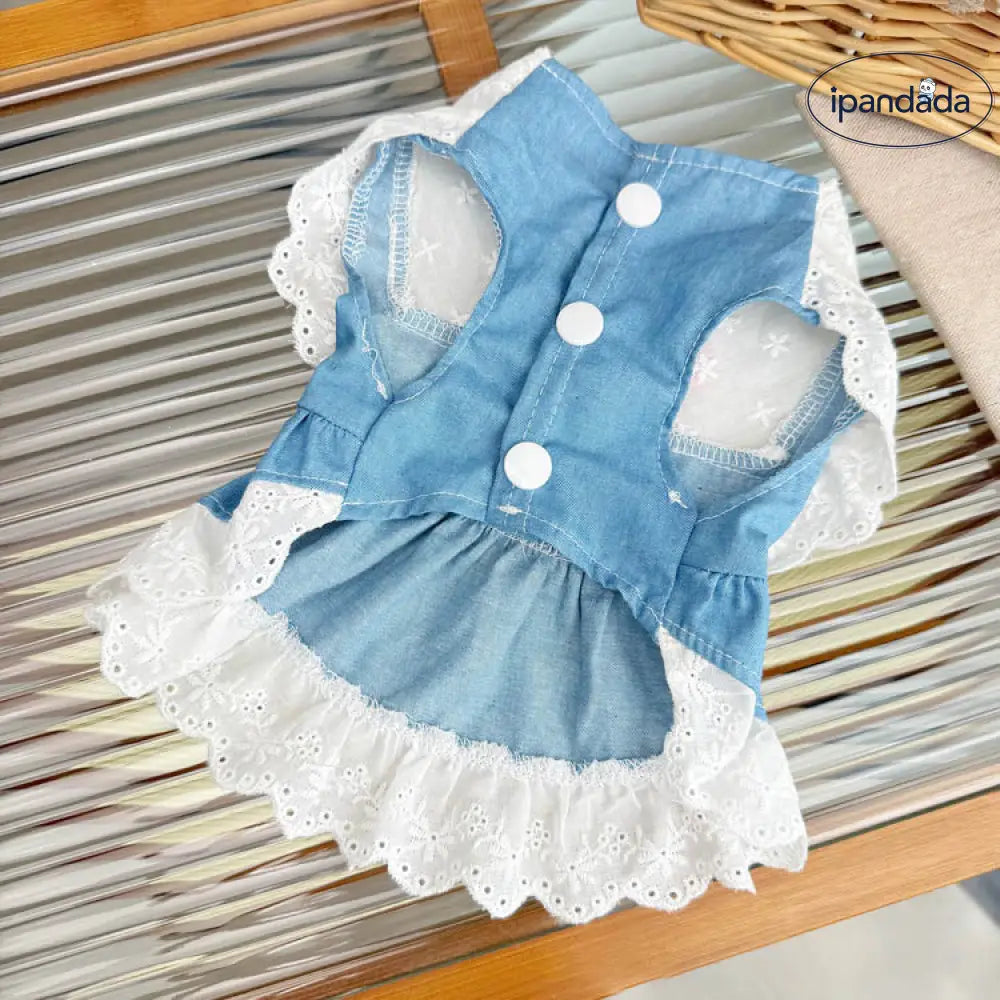 ID1177 小型犬 春夏物 ペットドレス ビションフリーゼ プリンセス レース デニムミックス リボンデコ キュート 洗える フリーサイズ 0.5-12.5kg対応 ペットウェディング お出かけ対応 ペット用品＞おもちゃ