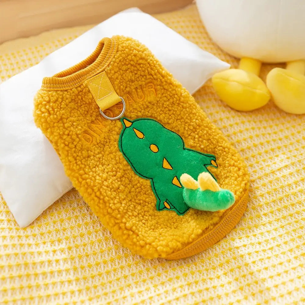 【新色追加】猫用ふわもこ 猫服 防寒 保温 暖かい 価格安い ベスト キャットウエア ネコ 5色展開 イエロー恐竜 / XS【0.5-1.5KG】 ペット用品＞ウェア