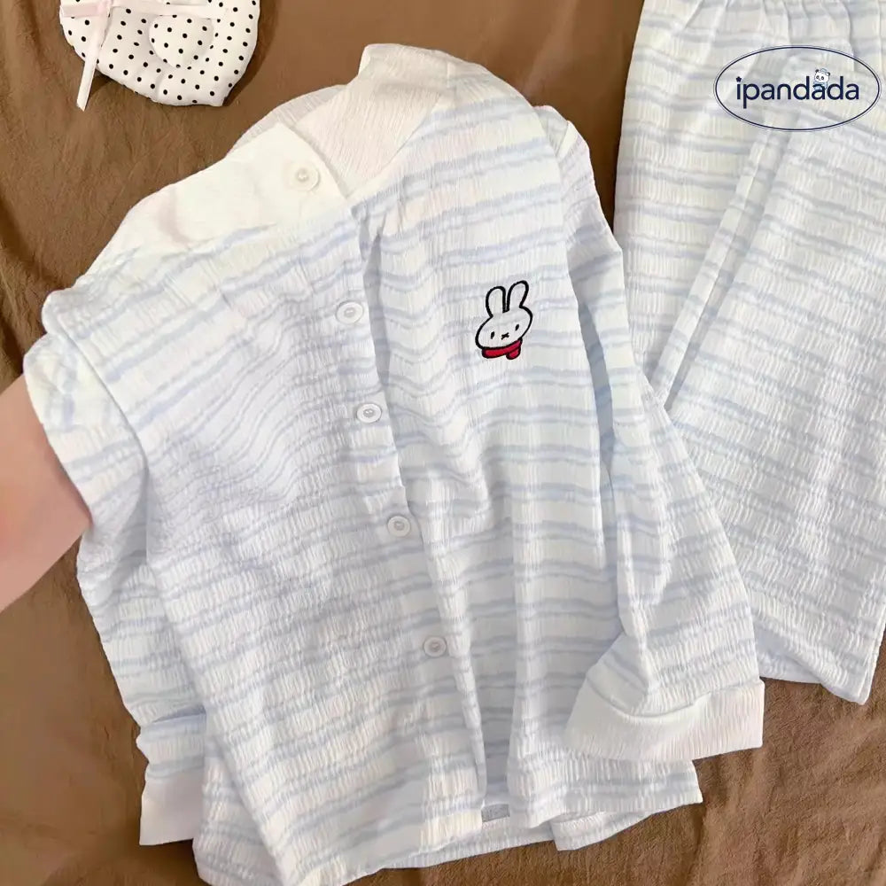 新作 ブルーストライプ セットアップ 部屋着 上下 セット ミッフィー うさぎ パジャマ レディース 長袖 春秋 薄手 シフォン ルームウェア 2点セット ID4467 レディース＞セットアップ