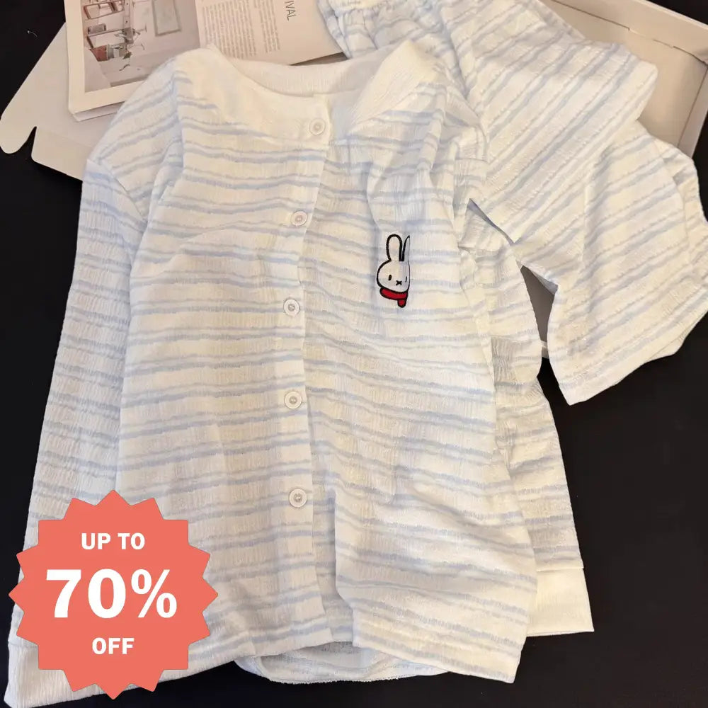 新作 ブルーストライプ セットアップ 部屋着 上下 セット ミッフィー うさぎ パジャマ レディース 長袖 春秋 薄手 シフォン ルームウェア 2点セット ID4467 レディース＞セットアップ