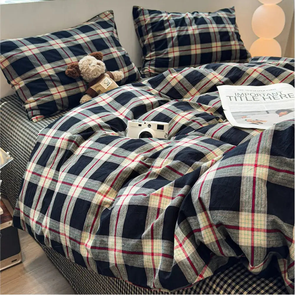 新作 チェック柄 ベッド用 布団カバーセット 3点セット 綿 洗濯可 防ダニ 抗菌 お得 セット おしゃれ 肌に優しい 柔らかい 掛け布団カバー ベッドシーツ ID4629 タイプ①