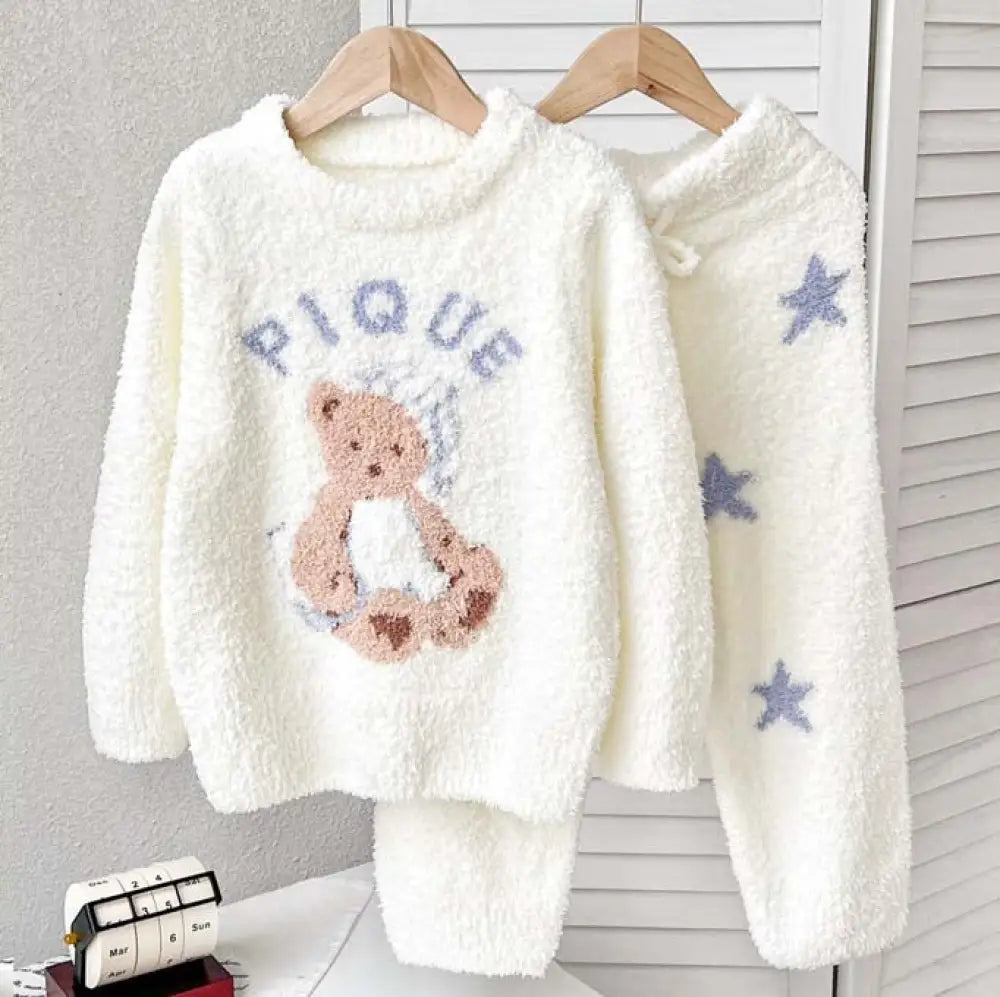 新作 フリース おやすみ くま 子供 レディース カップル ふわふわ キャラクター ホームウェア パジャマ セット 暖かい 柔らかい 保温 快適 おしゃれ ルームウェア 自宅用 リラックス ID2929 ホワイト / XS ベビー＆キッズ