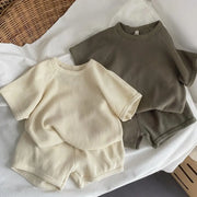 新作 韓国風 男女兼用 子供用 半袖トップスセット ワッフル生地 ベビー ルームウェア 外出にも使える ベーシックな2点セット ID1825
