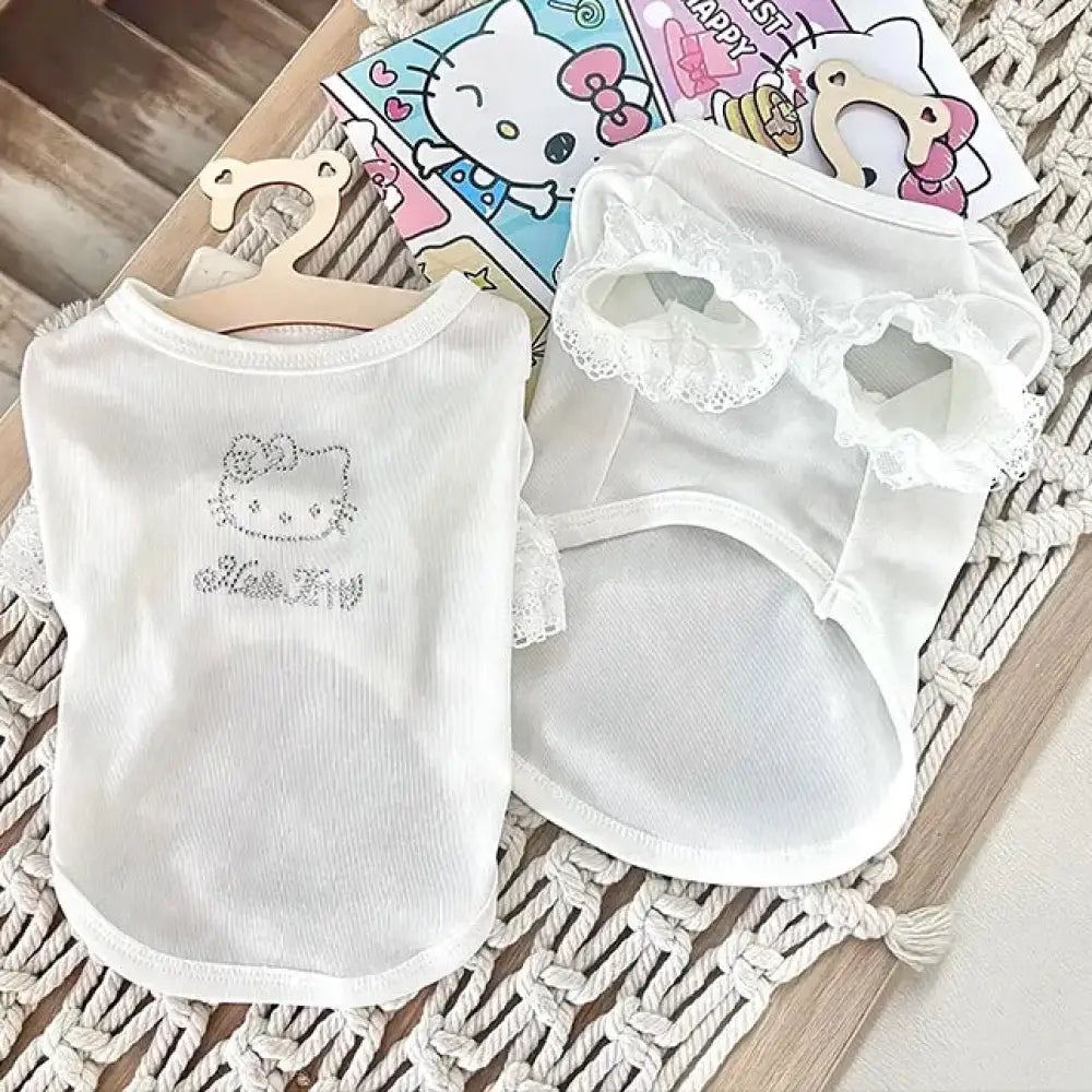 ID1672 新作 ハローキティ 夏 ペット服 ローズコレクション スパンコール レース フリル ツーレッグ クールウェア 涼感 通気性 小型犬 猫用 洗える ホワイト / XS ペット用品＞ウェア