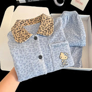 新作 ヒョウ柄 デロン レディース ルームウエア ナイトウェア かわいい 可愛い 春秋用 キティ猫 長袖 フリース ルームウェア 秋冬セット ID3664 レディース＞セットアップ