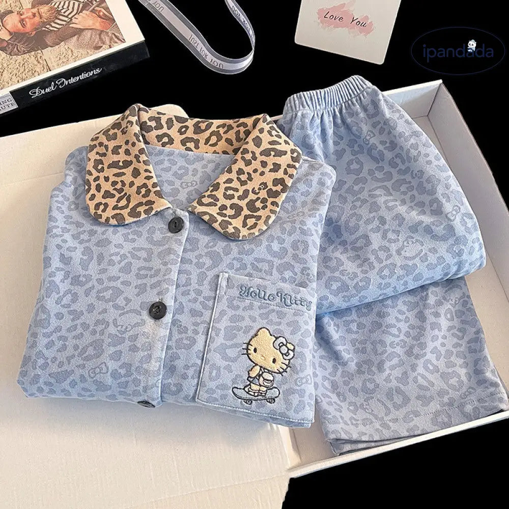 新作 ヒョウ柄 デロン レディース ルームウエア ナイトウェア かわいい 可愛い 春秋用 キティ猫 長袖 フリース ルームウェア 秋冬セット ID3664 レディース＞セットアップ