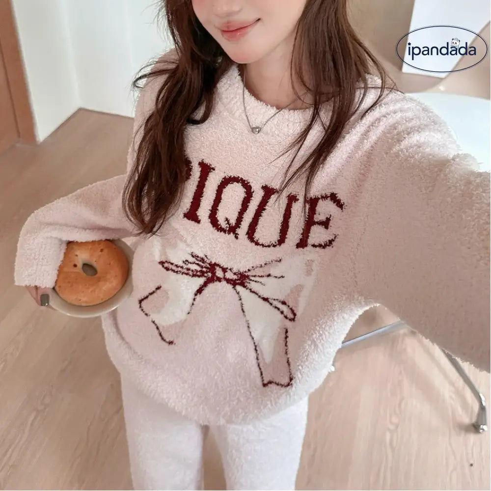 新作 インスタ 人気 リボン かわいい フリース レディース ゆったり ホームウェア パジャマ セットアップ 外出可 快適 柔らかい おしゃれ ルームウェア 自宅用 リラックス 着心地 ナチュラル ID2561