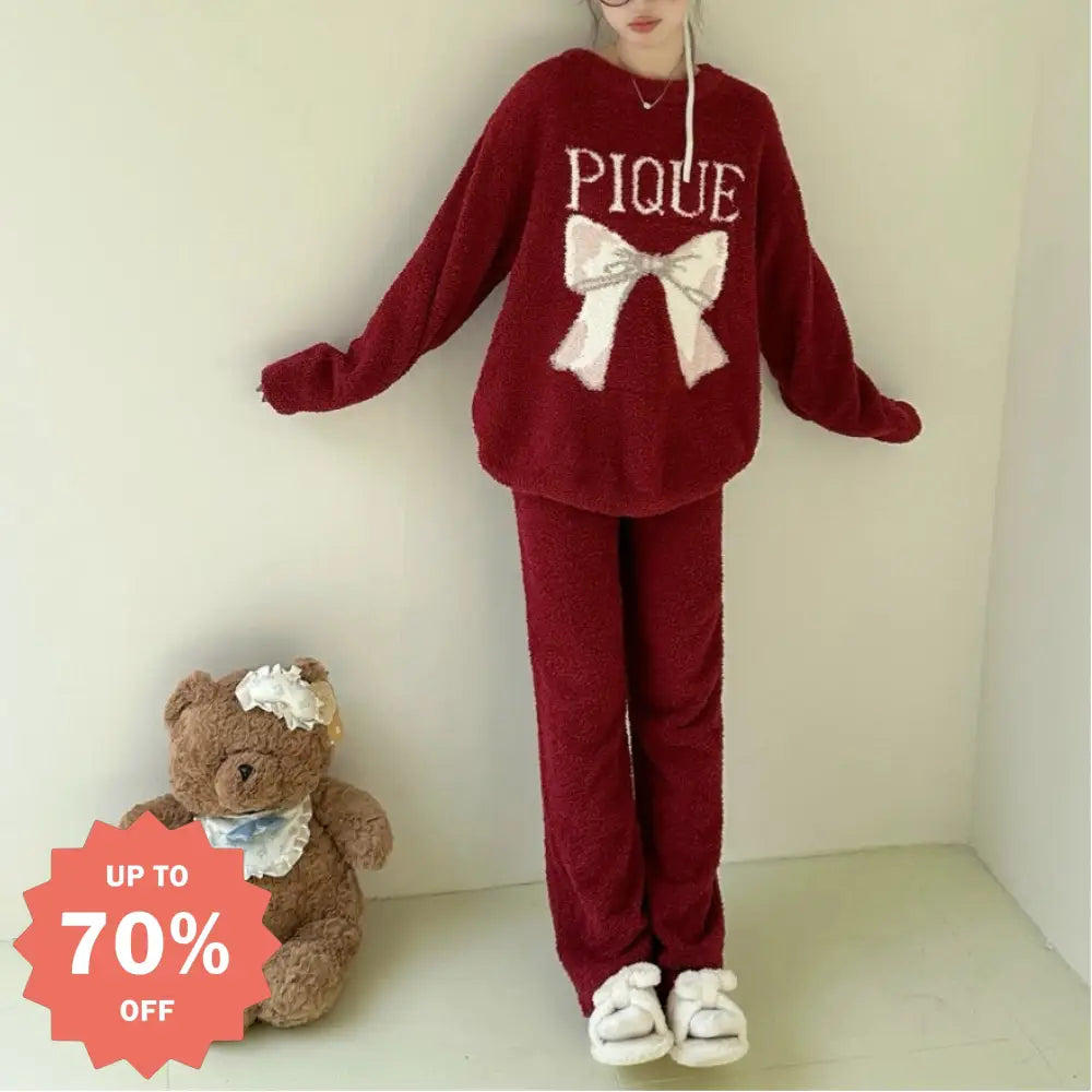 新作 インスタ 人気 リボン かわいい フリース レディース ゆったり ホームウェア パジャマ セットアップ 外出可 快適 柔らかい おしゃれ ルームウェア 自宅用 リラックス 着心地 ナチュラル ID2561