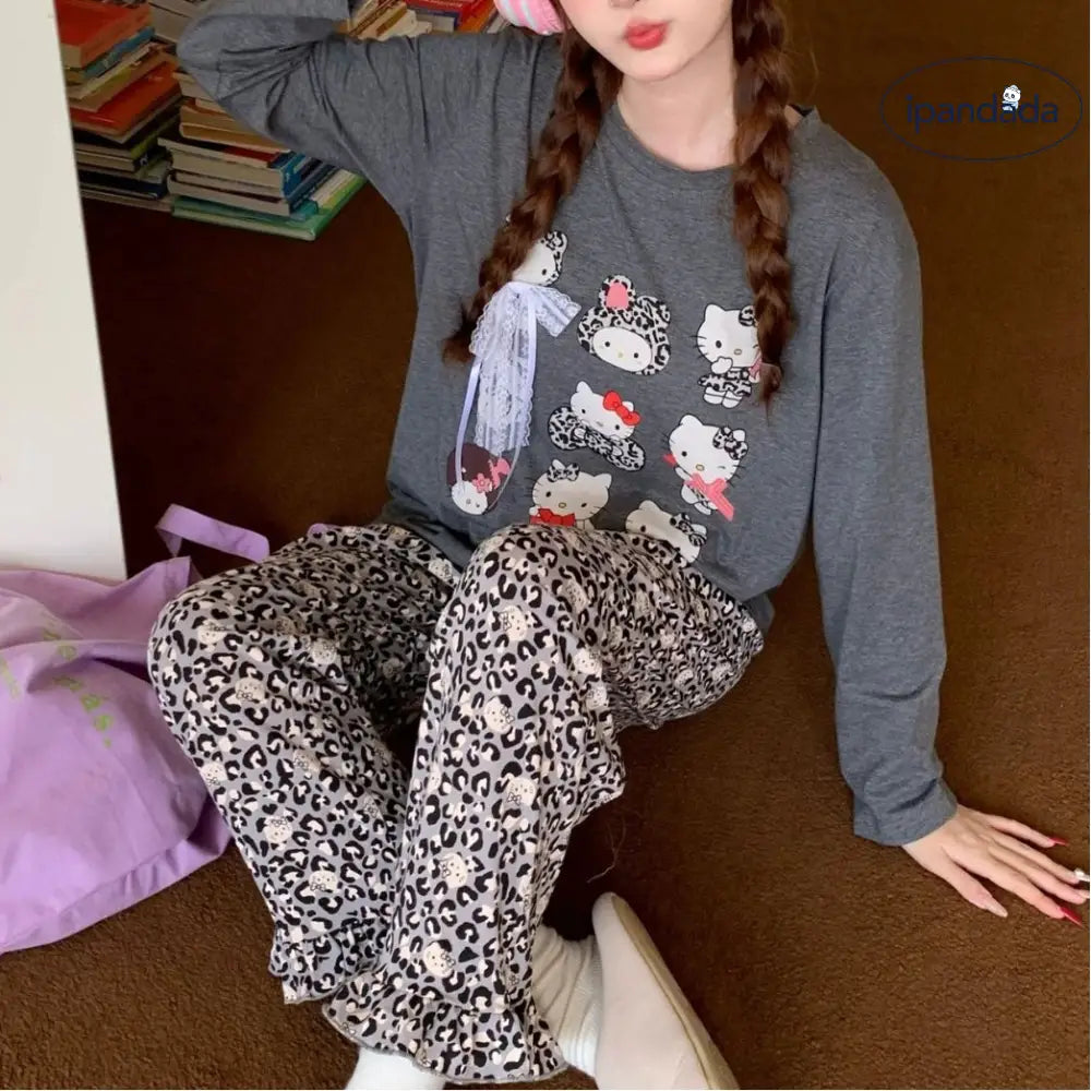 新作 かわいい ヒョウ柄 ハローキティ コットン パジャマ 上下セット 大人用 ルームウェア 可愛い 長袖 ゆったり セットアップ ID4801 - レディース＞セットアップ